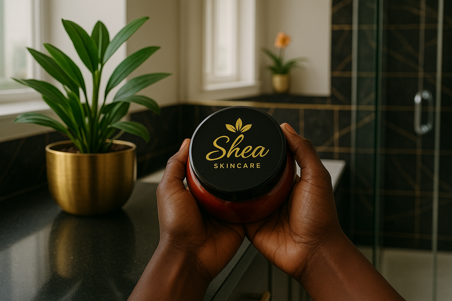 Hands holding a Shea skincare jar beside a green plant in a gold pot