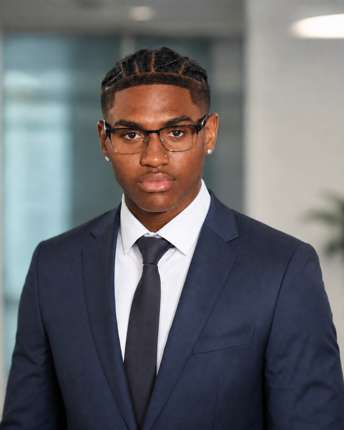Portrait of a man wearing glasses and a navy suit